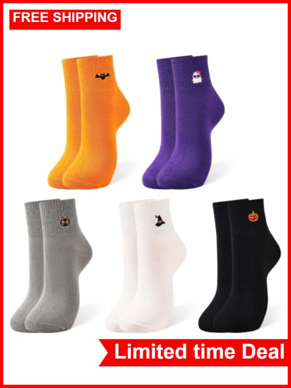 5 Pairs Halloween Embroidered Crew Socks for Women - Cotton Blend